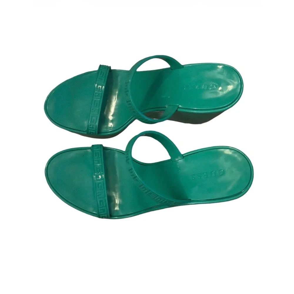 GUESS Edvina Green Jelly Platform Wedge Sandals Logo Strap Slides Womens Size 9